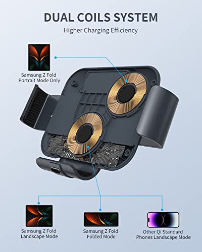 MAKAQI Wireless Car Charger for Z Fold 4/3/2, Dual Coil Cup Holder Phone Mount, Wireless Car Charger for Tesla, Auto Clamping Fast Charging for iPhone14/13/12/11/X/8