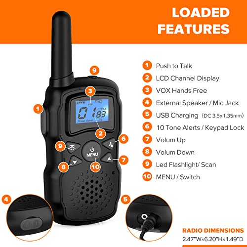 Wishouse Walkie Talkies for Adults,Radios Walkie Talkies Rechargeable Long Range 4 Pack,Family Camping Gear for Kids Hiking Accessories with Flashlight,VOX, Easy to Use (Black with Battery Charger)