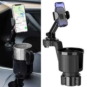 upgraded 2 in 1 car cup holder phone mount with offset adjustable base, 360° rotation universal compatible with iphone samsung cell phones and yeti, hydro flasks, other large bottles mugs in 3.4″-4.0″