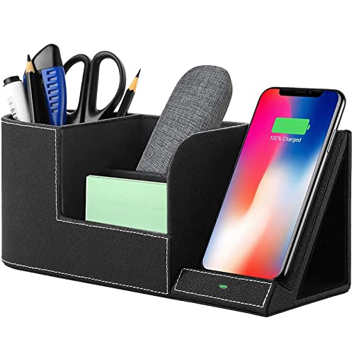 OUTXE Wireless Charger Desk Stand Organizer Wireless Charging Station for iPhone 14/13/13 Pro Max/13 Pro/12 Series/11/XS Max/XR/X/8Plus/, Desk Storage Caddy Pen Holder Gifts for Dad-Black