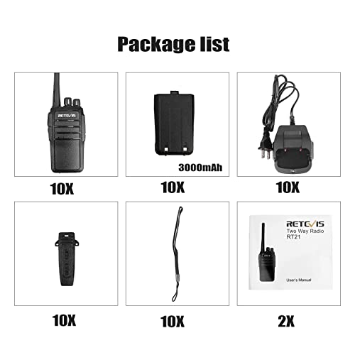 Case of 10,Retevis RT21 Updated 3000mAh 2 Way Radio Rechargeable, Heavy Duty Two Way Radio Long Range, 16CH VOX Handfree Adults Walkie Talkies for Business Retail Contractor Agriculture