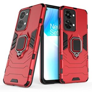 dwaybox case for oneplus nord 2t 5g 6.43 inch, compatible with magnetic car mount, 360° metal ring kickstand, 2in3 dual layer hybrid armor shockproof back cover -red