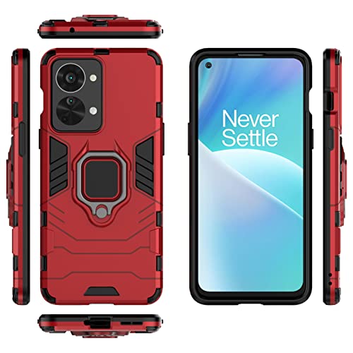 DWAYBOX Case for OnePlus Nord 2T 5G 6.43 inch, Compatible with Magnetic Car Mount, 360° Metal Ring Kickstand, 2in3 Dual Layer Hybrid Armor Shockproof Back Cover -Red