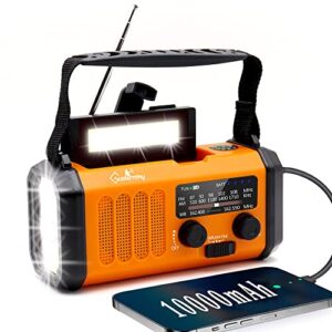 emergency hand crank weather radio with 10000mah battery backup,type-c charging portable solar am fm noaa radio with usb charger,flashlight,reading lamp,compass,sos for outdoor camping hurricane storm