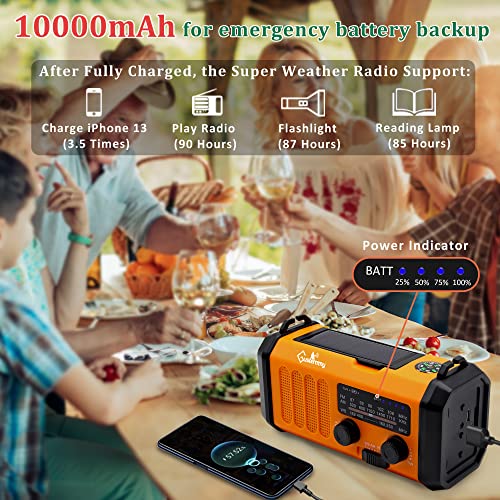 Emergency Hand Crank Weather Radio with 10000mAh Battery Backup,Type-C Charging Portable Solar AM FM NOAA Radio with USB Charger,Flashlight,Reading Lamp,Compass,SOS for Outdoor Camping Hurricane Storm