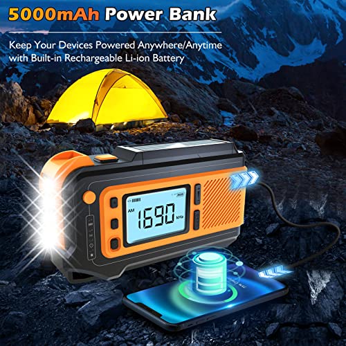 5000mAh Emergency Weather Solar Radio: Missonchoo Hand Crank AM/FM/NOAA Alert Radio 4 Ways Powered with Flashlight | Cellphone Charger | SOS Alarm for Survival Camping Home Outdoor