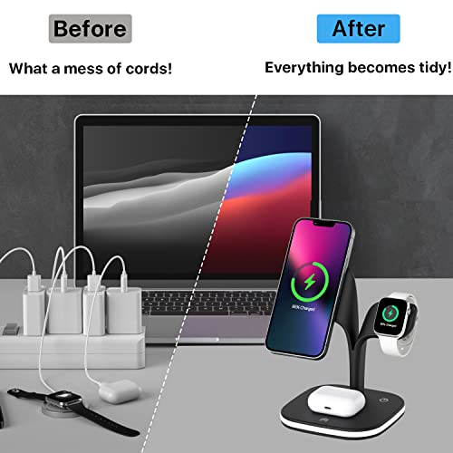 Wireless Charger, 15W 3 in 1 Fast Magnetic Charging Station, Charger Stand for iPhone 14/13/12 Pro Max Mini, Apple Watch SE/7/6/5/4/3/2 and Airpods 3/2/Pro with LED Lamp and USB Port（Black）