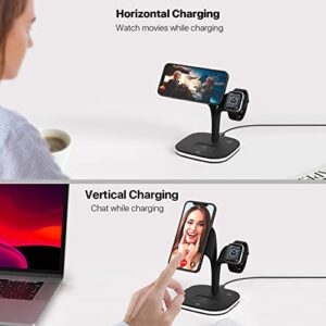 Wireless Charger, 15W 3 in 1 Fast Magnetic Charging Station, Charger Stand for iPhone 14/13/12 Pro Max Mini, Apple Watch SE/7/6/5/4/3/2 and Airpods 3/2/Pro with LED Lamp and USB Port（Black）