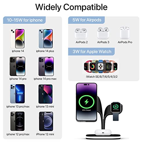 Wireless Charger, 15W 3 in 1 Fast Magnetic Charging Station, Charger Stand for iPhone 14/13/12 Pro Max Mini, Apple Watch SE/7/6/5/4/3/2 and Airpods 3/2/Pro with LED Lamp and USB Port（Black）