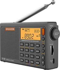 sihuadon r108 shortwave am fm radio lw mw air band dsp full band portable radio battery operated with sleep timer alarm clock 500 memories preset stations for family by radiwow (grey)