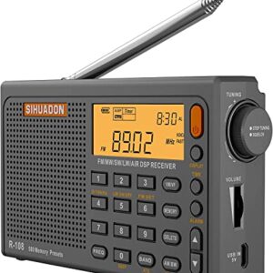 SIHUADON R108 Shortwave AM FM Radio LW MW AIR Band DSP Full Band Portable Radio Battery Operated with Sleep Timer Alarm Clock 500 Memories preset Stations for Family by RADIWOW (Grey)