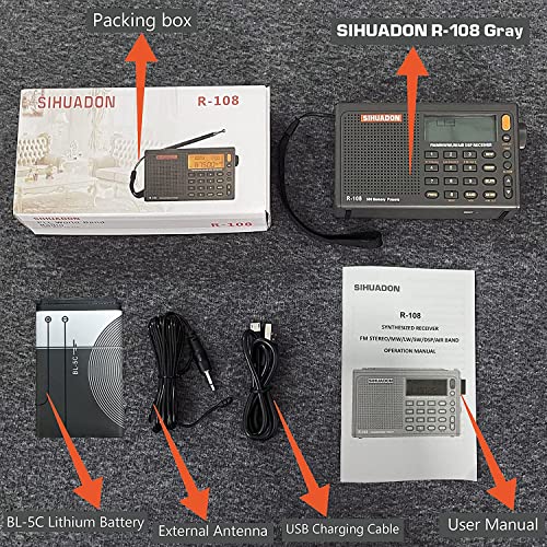 SIHUADON R108 Shortwave AM FM Radio LW MW AIR Band DSP Full Band Portable Radio Battery Operated with Sleep Timer Alarm Clock 500 Memories preset Stations for Family by RADIWOW (Grey)