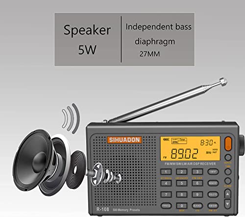 SIHUADON R108 Shortwave AM FM Radio LW MW AIR Band DSP Full Band Portable Radio Battery Operated with Sleep Timer Alarm Clock 500 Memories preset Stations for Family by RADIWOW (Grey)