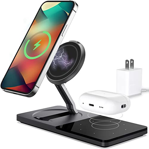 Wireless Charger,ZECHIN 2 in 1 Faster Mag-Safe Wireless Charger Stand, Wireless Charging Pad for Apple iPhone 14,13,12 Pro/Max/Mini/Plus, Airpods 3/2/Pro with Adapter (Black)