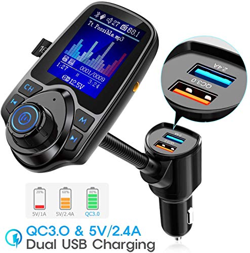 Nulaxy Wireless In-Car Bluetooth FM Transmitter Radio Adapter Car Kit W 1.8 Inch Display Supports TF/SD Card and USB Car Charger for All Smartphones Audio Players-KM18 color