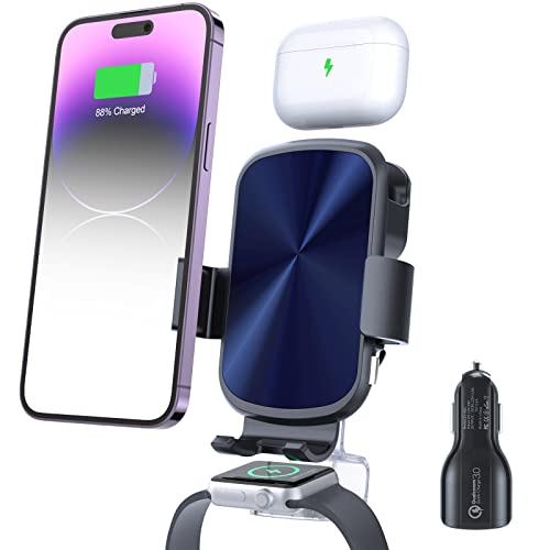 MAKAQI 3 in 1 Wireless Car Charger, Car Charger Mount for iPhone/Airpods/Apple Watch, Air Vent Dashboard Car Phone Holder for iPhone 14/13/12/11/X/8, Apple Watch SE 7/6/5/4/3/2, AirPods 3/2/Pro