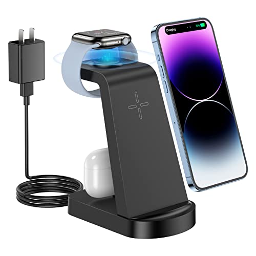 Wireless Charging Station, CKCN 3 in 1 Wireless Charger Compatible with i Phone 14 13 12 11 Pro Max SE XS 8 Plus, 18W Fast Wireless Charging Dock Stand for Apple Watch Series & Air pods (with Adapter)