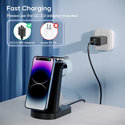 Wireless Charging Station, CKCN 3 in 1 Wireless Charger Compatible with i Phone 14 13 12 11 Pro Max SE XS 8 Plus, 18W Fast Wireless Charging Dock Stand for Apple Watch Series & Air pods (with Adapter)