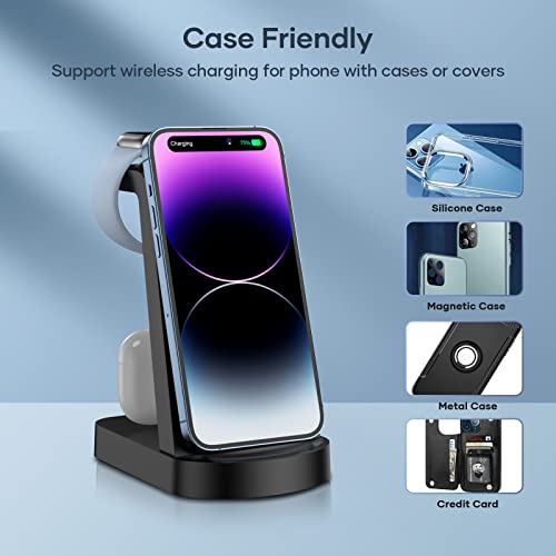Wireless Charging Station, CKCN 3 in 1 Wireless Charger Compatible with i Phone 14 13 12 11 Pro Max SE XS 8 Plus, 18W Fast Wireless Charging Dock Stand for Apple Watch Series & Air pods (with Adapter)