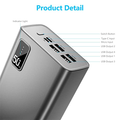 VINCOSY Power Bank 50000mAh, Mobile Phone Portable Charger 2 Input 4 USB Output 2.1A Fast Charging Large Powerbank, External Battery Pack for iPhone, Samsung, Smartphones, Tablets Etc