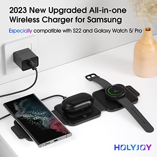 Multi Charger for Samsung, HOLYJOY Fast Wireless Charging Pad Compatible with Galaxy Watch 5 Pro/4/3/Active 2/1, Portable Station for Z Flip 4/S23/S22 (+/Ultra)/S21/S20/Note20, Buds 2 Pro/Pro (Black)