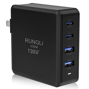 usb c charger, rungli 130w 4 port gan compact charging station for multiple devices, usb fast wall charger with 2 type-c and 2 usb a, multiport power adapter for ipad iphone, samsung android phones