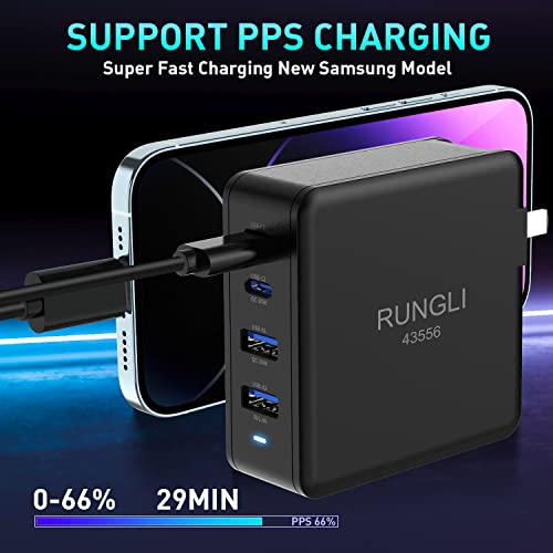 USB C Charger, RUNGLI 130W 4 Port GaN Compact Charging Station for Multiple Devices, USB Fast Wall Charger with 2 Type-C and 2 USB A, Multiport Power Adapter for iPad iPhone, Samsung Android Phones