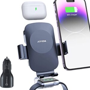 JOYVEVA 3 in 1 Wireless Car Charger for iPhone/Apple Watch/AirPods, Auto-Clamping Car Charging Mount, Car Phone Holder Charger for iPhone14/13/12/11/X/8, Apple Watch 8/7/6/5/4/3/2/SE, AirPods Pro 2/2