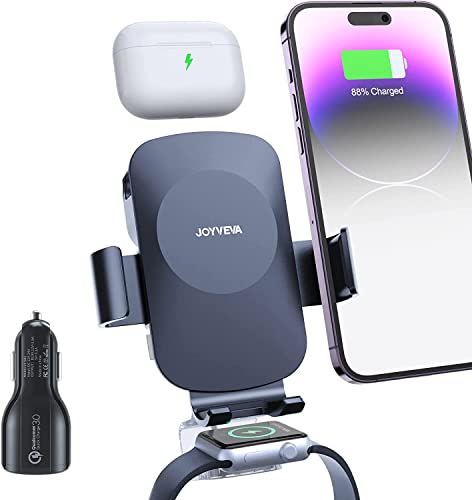 JOYVEVA 3 in 1 Wireless Car Charger for iPhone/Apple Watch/AirPods, Auto-Clamping Car Charging Mount, Car Phone Holder Charger for iPhone14/13/12/11/X/8, Apple Watch 8/7/6/5/4/3/2/SE, AirPods Pro 2/2