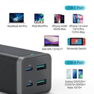 USB C Charger, GaN 65W 4-Port Desktop USB Charging Station with 2 USB-C Ports +2 USB-A Ports PD Fast Charger for MacBook Pro Air, Dell XPS 13, iPad Pro, iPhone 14 13 12 Pro Max, Galaxy and More(Black)