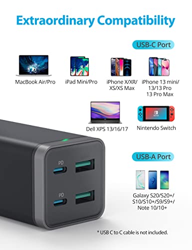 USB C Charger, GaN 65W 4-Port Desktop USB Charging Station with 2 USB-C Ports +2 USB-A Ports PD Fast Charger for MacBook Pro Air, Dell XPS 13, iPad Pro, iPhone 14 13 12 Pro Max, Galaxy and More(Black)