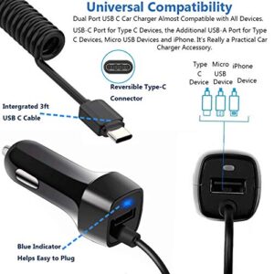 2Pack 2.4A Fast Charging USB C Car Charger Adapter with 3ft Type C Coiled Cable for Samsung Galaxy S20 FE S20 Plus Ultra S10 Lite S10e S9 S8+ A01 A10E A11 A20 A21 A30S A50 A51 5G A71, LG Stylo 6 5 4