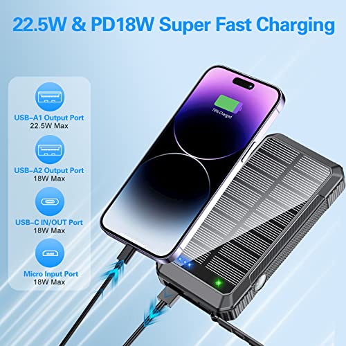DJKK Solar Power Bank Wireless Charger 33800mAh Built in 4 Cables and LED Camping Lights 22.5W Fast Charging Power Bank 7 Outputs 4 Inputs Portable Charger Compatible with All Mobile Devices