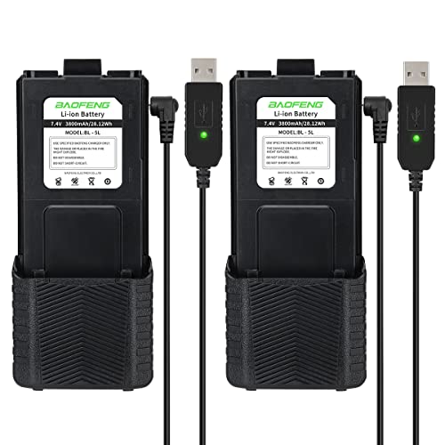 BAOFENG 2Pack BL-5 3800mAh Extended Battery Walkie Talkie UV-5R BF-8HP UV-5RX3 RD-5R UV-5RTP UV-5R MK2 MK3X MK5 Plus Etc (2Pack 3800mAh Battery+ USB Charger Cable)