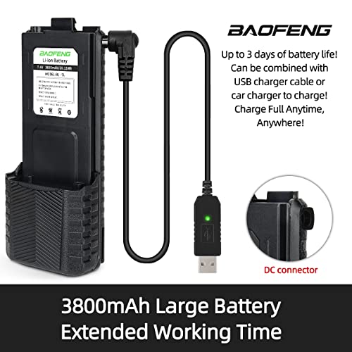 BAOFENG 2Pack BL-5 3800mAh Extended Battery Walkie Talkie UV-5R BF-8HP UV-5RX3 RD-5R UV-5RTP UV-5R MK2 MK3X MK5 Plus Etc (2Pack 3800mAh Battery+ USB Charger Cable)