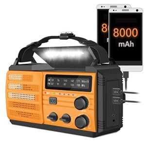 8000mah emergency weather radio, solar hand crank emergency radio, am/fm/noaa alert weather radio power bank, with sos alarm, flashlight, reading lamp, type-c charging.
