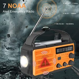 8000mAh Emergency Weather Radio, Solar Hand Crank Emergency Radio, AM/FM/NOAA Alert Weather Radio Power Bank, with SOS Alarm, Flashlight, Reading Lamp, Type-c Charging.