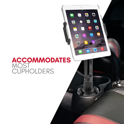 Macally Cup Holder Tablet Mount - Heavy Duty iPad Cup Holder Car Mount Stand or Tablet Holder for Car, Truck, and Vehicle - Fits Devices 3.5" - 8” Wide with Case - Adjustable iPad Holder for Car