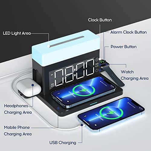 SMSASOEO Wireless Charger,6 in 1 Wireless Charging Station with Digital Alarm Clock & Night Light,15W Fast Charger Compatible with iPhone 14/13/12/11/XS Samsung Galaxy AirPods & Apple Watch
