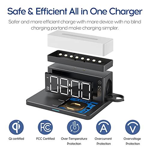 SMSASOEO Wireless Charger,6 in 1 Wireless Charging Station with Digital Alarm Clock & Night Light,15W Fast Charger Compatible with iPhone 14/13/12/11/XS Samsung Galaxy AirPods & Apple Watch