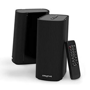 Creative T100 2.0 Compact Hi-Fi Speakers, up to 80W Peak Power with Bluetooth 5.0, Optical-in, AUX-in, Wide Soundstage and Audio Clarity with Bass Control for Computers and Laptops (Black)