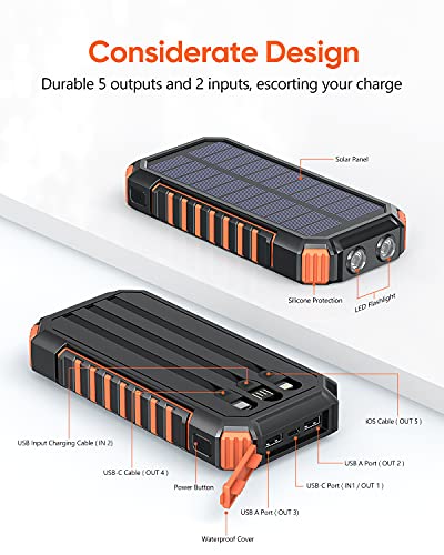 Riapow Solar Charger 30000mAh High Capacity Solar Power Bank with Built-in USB C & USB Input Cables, Fast Charge Portable Phone Charger with 5 Outputs & 2 Inputs for iPhone Samsung Tablet