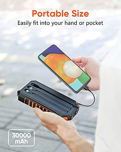 Riapow Solar Charger 30000mAh High Capacity Solar Power Bank with Built-in USB C & USB Input Cables, Fast Charge Portable Phone Charger with 5 Outputs & 2 Inputs for iPhone Samsung Tablet