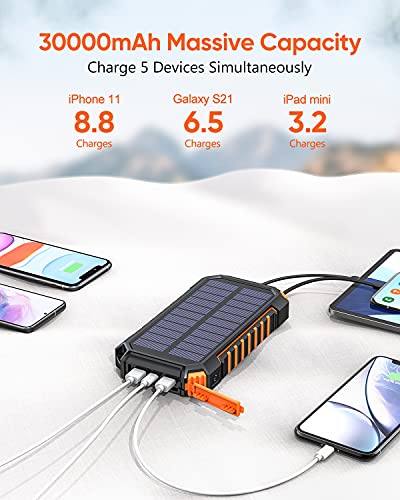 Riapow Solar Charger 30000mAh High Capacity Solar Power Bank with Built-in USB C & USB Input Cables, Fast Charge Portable Phone Charger with 5 Outputs & 2 Inputs for iPhone Samsung Tablet