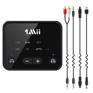 1mii bluetooth 5.2 transmitter for tv to 2 wireless headphones, long range 100ft bluetooth adapter for tv aptx low latency& hd/volume control, optical/usb/aux/rca audio inputs