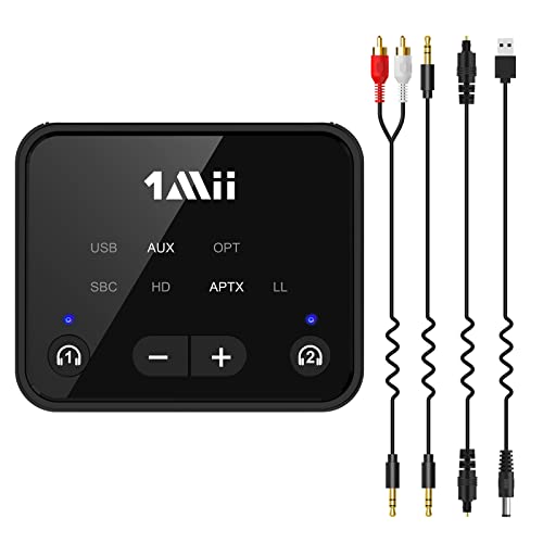 1Mii Bluetooth 5.2 Transmitter for TV to 2 Wireless Headphones, Long Range 100ft Bluetooth Adapter for TV aptX Low Latency& HD/Volume Control, Optical/USB/AUX/RCA Audio Inputs