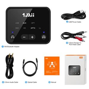 1Mii Bluetooth 5.2 Transmitter for TV to 2 Wireless Headphones, Long Range 100ft Bluetooth Adapter for TV aptX Low Latency& HD/Volume Control, Optical/USB/AUX/RCA Audio Inputs