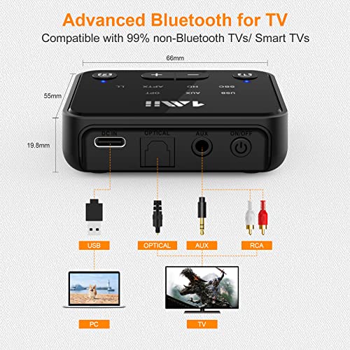 1Mii Bluetooth 5.2 Transmitter for TV to 2 Wireless Headphones, Long Range 100ft Bluetooth Adapter for TV aptX Low Latency& HD/Volume Control, Optical/USB/AUX/RCA Audio Inputs