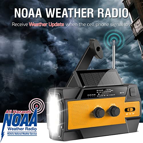 6000mAh NOAA Emergency Weather Radio, Solar Hand Crank Portable NOAA Weather Radio with 1W Flashlight & Motion Sensor Reading Lamp,Cell Phone Charger, SOS Alarm, for Home and Emergency(Orange)