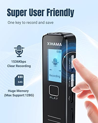 64GB Mini Voice Recorder, Digital Voice Recorder Pocket Tape Recorder with Playback for Lectures, Meetings, XIHAMA 4608 Hours Handheld Audio Recorder with Microphone, USB Charge, Password